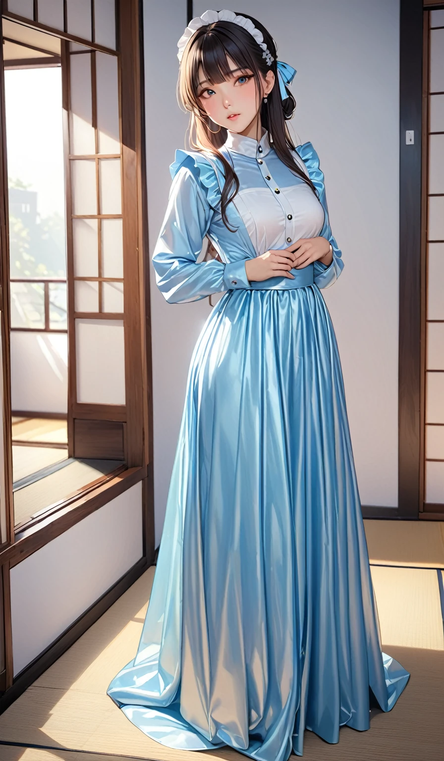 (masterpiece,highest quality,超A high resolution),Japanese women, (((Very beautiful 25 year old girl))), pretty girl、The dress completely covers the whole body.、(Shiny light blue long sleeve maid dress)、High-necked shirt、Long skirt