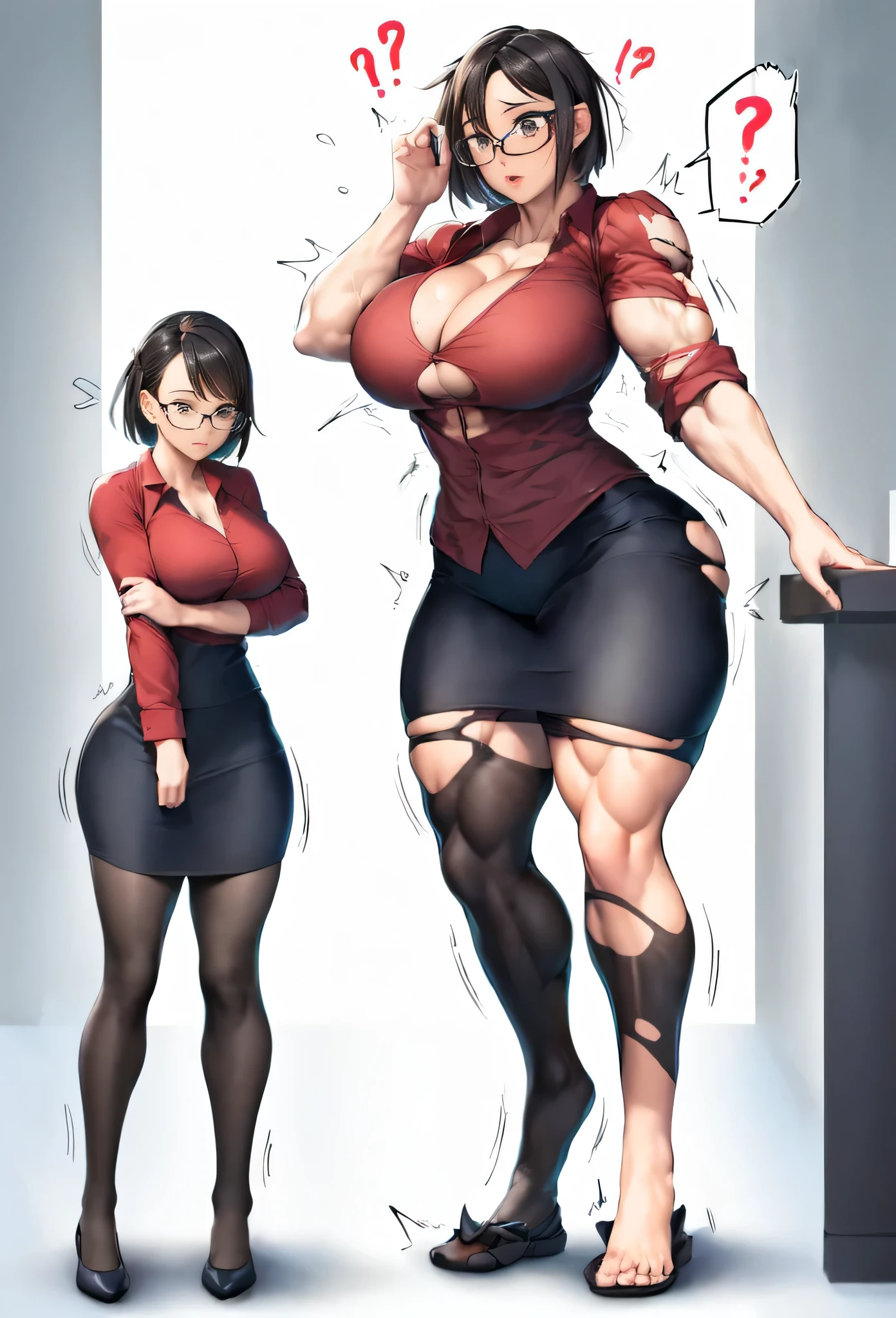 ,girl,best quality,masterpiece, ,, muscular female, alternate muscle size, ,muscular,muscular,office lady,glasses,huge muscle, body size growth,, larger human,transformation sequence, glasses