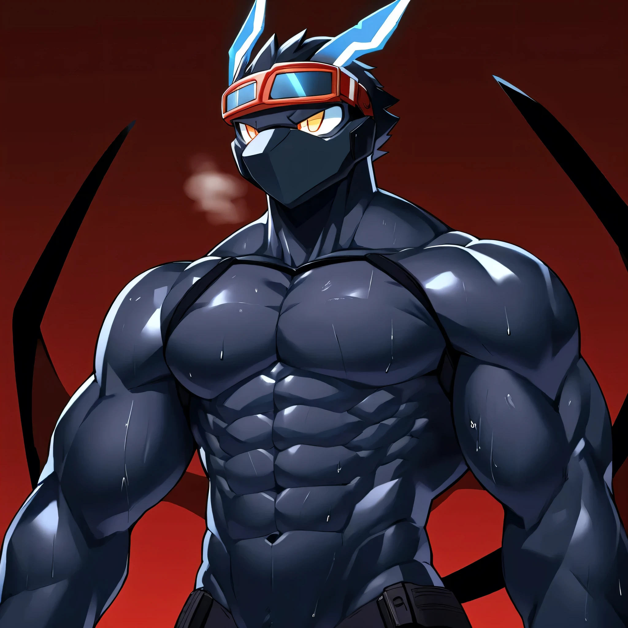 Thin macho　western black dragon　　abs　　　future goggles　　Hollow abs　　body suit　　thick arms　　　chest rig　　　、sweaty　　　skin glow　　profile　　Wearily　short of breath　　clenching one&#39;s back teeth