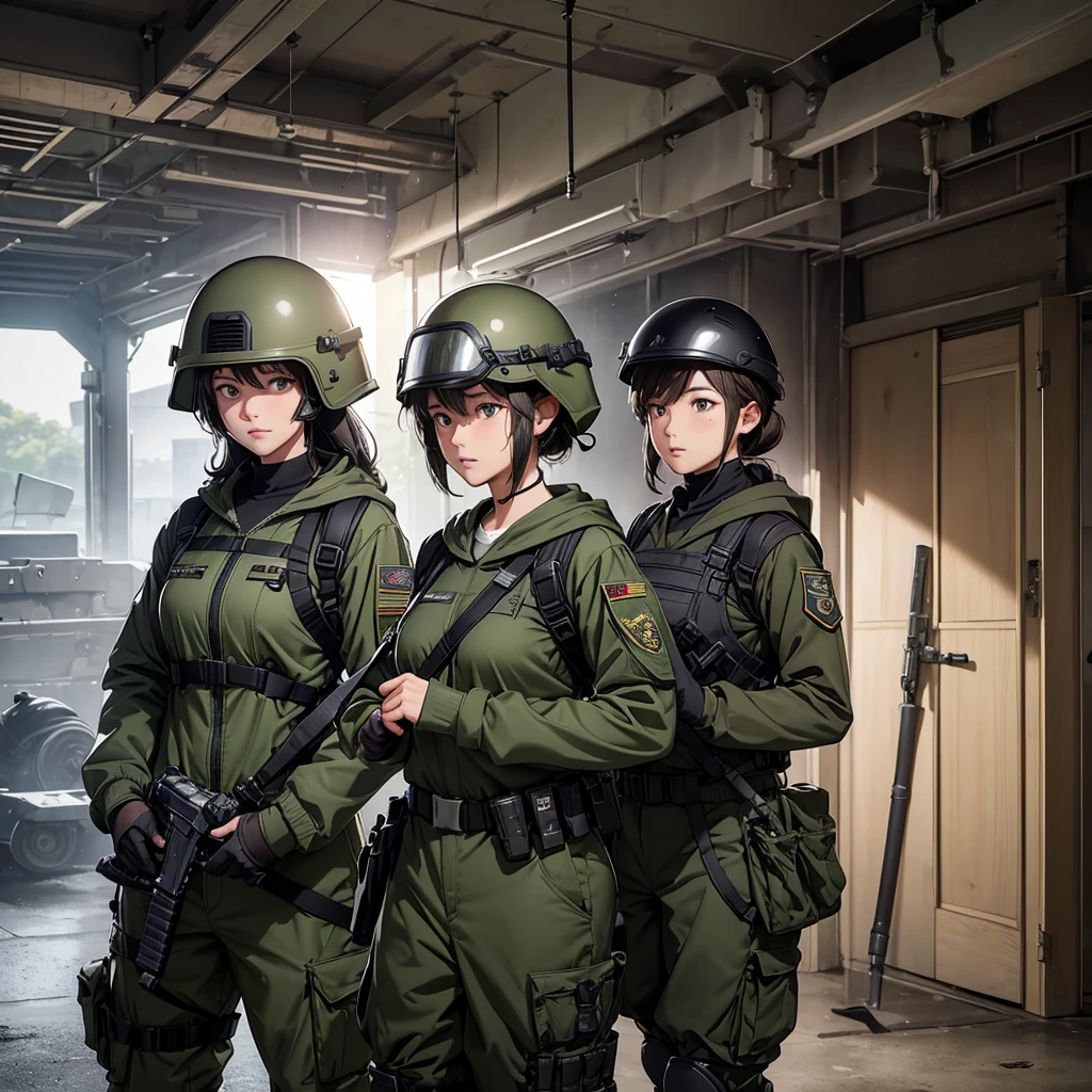 Three female special forces soldiers wearing helmets，front、stand in a line、Same action、dress up（Wearing dark green combat uniform、wearing a hoodie、patrol、military trousers、Magazine Pouch、Tactical harness、Knee pads）、Military base gate，Write details、masterpiece、best quality、Highly detailed CG、8K picture quality、theater lighting、lens flare