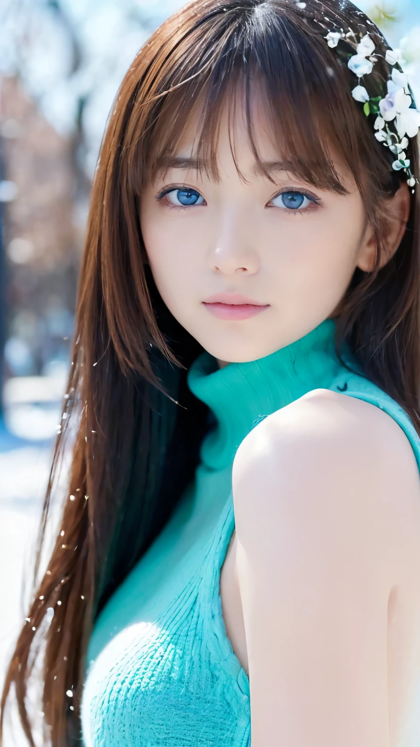 (世界で最もbeautifulブロンドの超長いストレートヘアを持つかわいい非常にbeautiful若い女性のアナログスタイルのポートレート:1.6),The bangs between the eyes hang down to the bottom of the nose、beautiful, Big, bright, pale blue eyes、Snow-white skin、Glowing Skin、