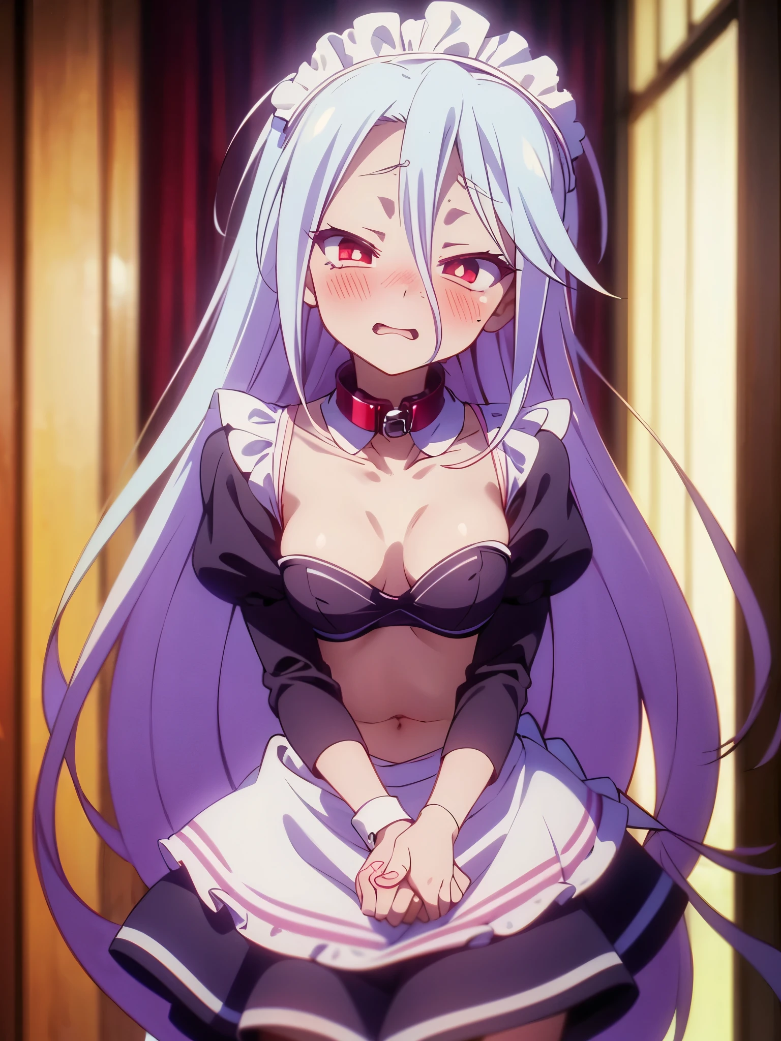 NSFW、Long Hair、とてもLong Hair、Hair between the eyes、Red eyes、Bright pupils、Multicolored eyes、Multicolored Hair,Small breasts,(Maid clothes:1.5),Off the shoulder,Cut out,Micro Mini Skirt,belly button,Tattoo,(Iron Collar:1.5),(Perfect hands),(Perfect Anatomy),(masterpiece),(highest quality),(Embarrassed:1.5),blush,Feeling embarrassed,(Ecstasy face:1.5),Mansion,Luxury Room,chandelier,(whole body:1.5)