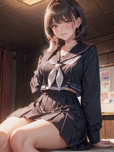 (((masterpiece))), (非常にHigh resolution), (alone:1.3), Sharp focus,detailed, High resolution,Anatomically correct, Attractive face、Black Hair、Bob Hair、Mole under the eye、(Yasushi Kasagi々々:1.3)、(Embarrassing:1.4)、(blush:1.5)、Sitting on the bed、high school girl、(Sailor suit)、Big Breasts、Cleavage、mini skirt、Panty shot、Upper body close-up、between legs、((night))、(((Dark Room)))