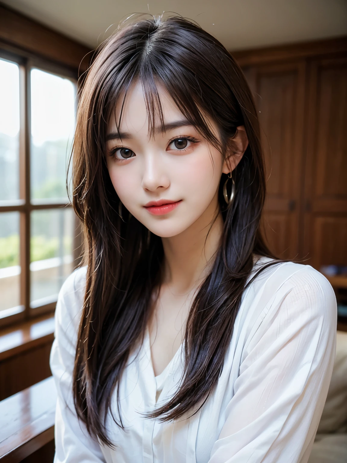 (RAW Photos:1.2),(Realistic:1.4),(masterpiece:1.3),(highest quality:1.4),超High resolution, High resolution,8K resolution, dream-like, Check the explanation,Clarification Request,scenery,((No text)), Focus Only, (Fine grain),(Detailed facial features), (Detailed clothing features), Fits perfectly to the skin, (Shiny skin),(thin),(slim),(Beautiful Face), One girl, Virtual Girl Ren, young, bangs,Brown long hair、Earrings, Loose fitting shirt, smile, Shyly,cute, Look straight at the camera,