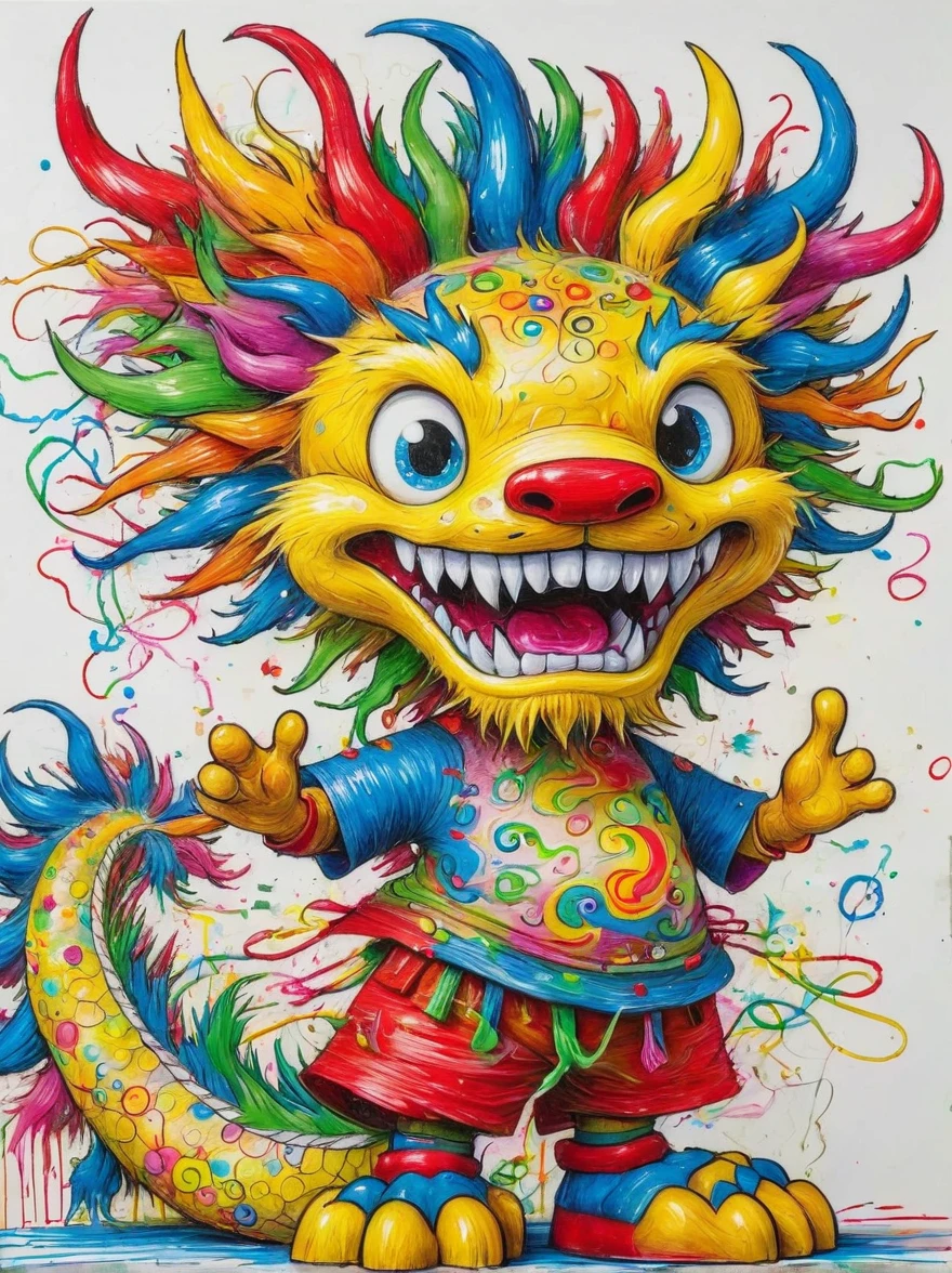 Drawing by Takashi Murakami and Peter 5 scribble drawing of Chinese dragon,messy, crayons on white construction paper, not good, full body drawiing, unfinished, 4K, octane render