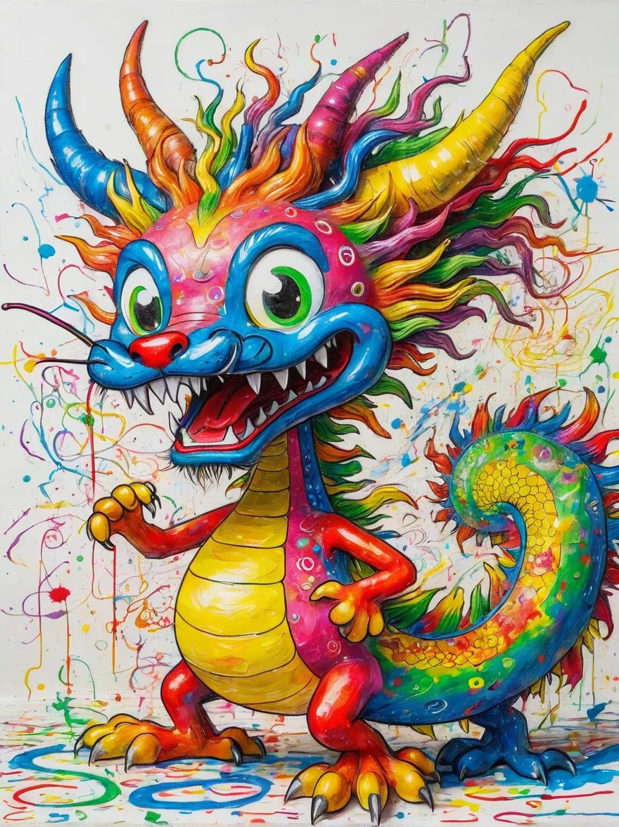 Drawing by Takashi Murakami and Peter 5 year olds scribble drawing of Chinese dragon,messy, crayons on white construction paper, not good, full body drawiing, unfinished, 4K, octane render