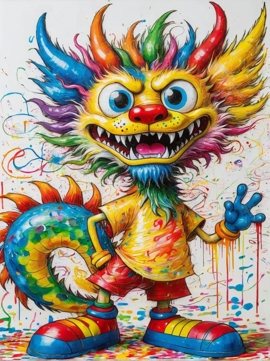 Drawing by Takashi Murakami and Peter 5  scribble drawing of Chinese dragon,messy, crayons on white construction paper, not good, full body drawiing, unfinished, 4K, octane render