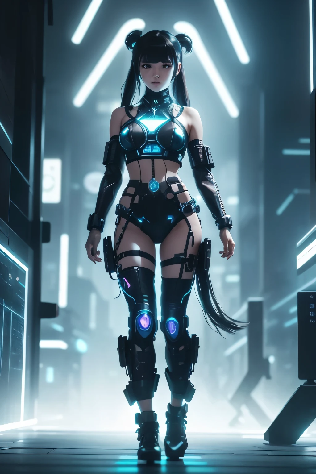 cyberpunk cyborg female, twin tails, glowing energy panels, highly detailed, intricate mechanical design, futuristic armor, neon lights, dynamic pose, epic cinematic lighting, volumetric fog, photorealistic, 8k, hyperdetailed
