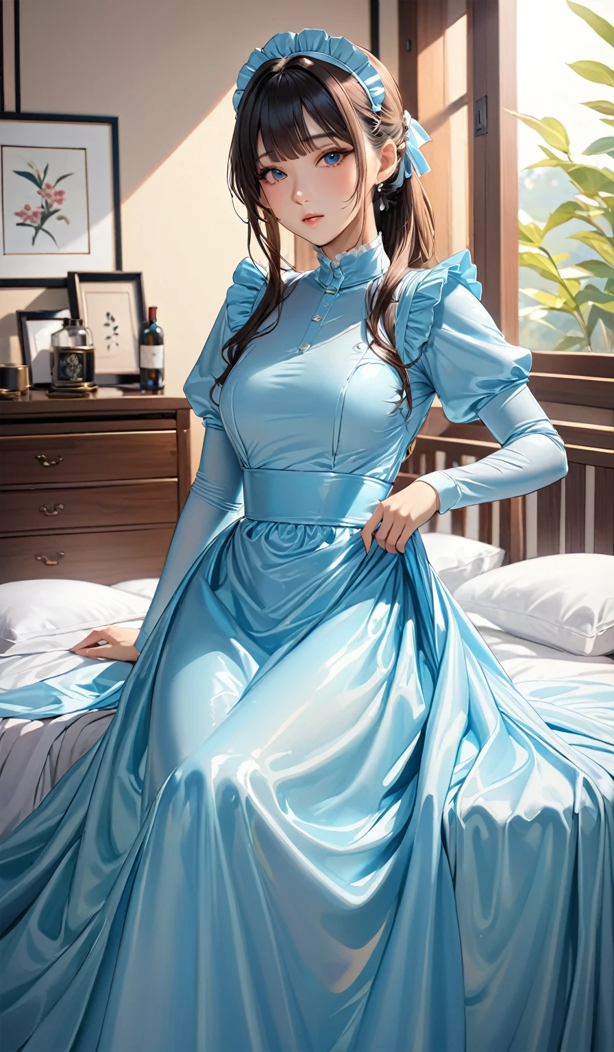 (masterpiece,highest quality,超A high resolution),Japanese women, (((Very beautiful 25 year old girl))), pretty girl、The dress completely covers the whole body.、(Shiny light blue long sleeve maid dress)、High-necked shirt、Long skirt