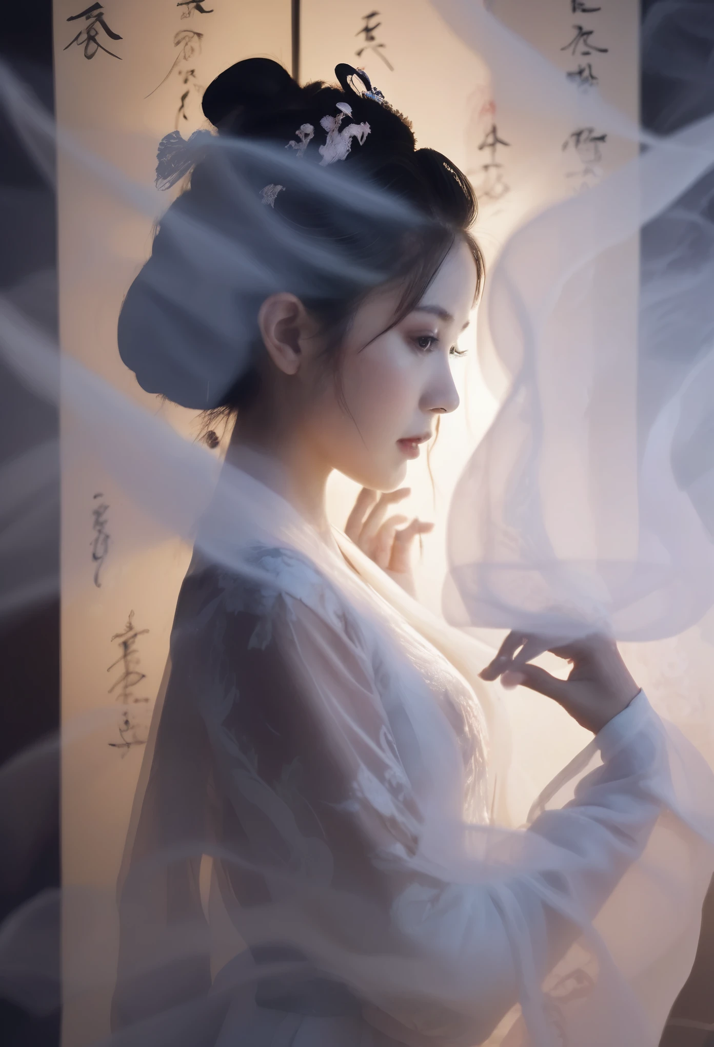 Double Exposure Style,Volumetric Lighting,a girl with Tulle skirt,head tilt,Traditional Attire,Artistic Calligraphy and Ink,light depth,dramatic atmospheric lighting,Volumetric Lighting,double image ghost effect,image combination,double exposure style
