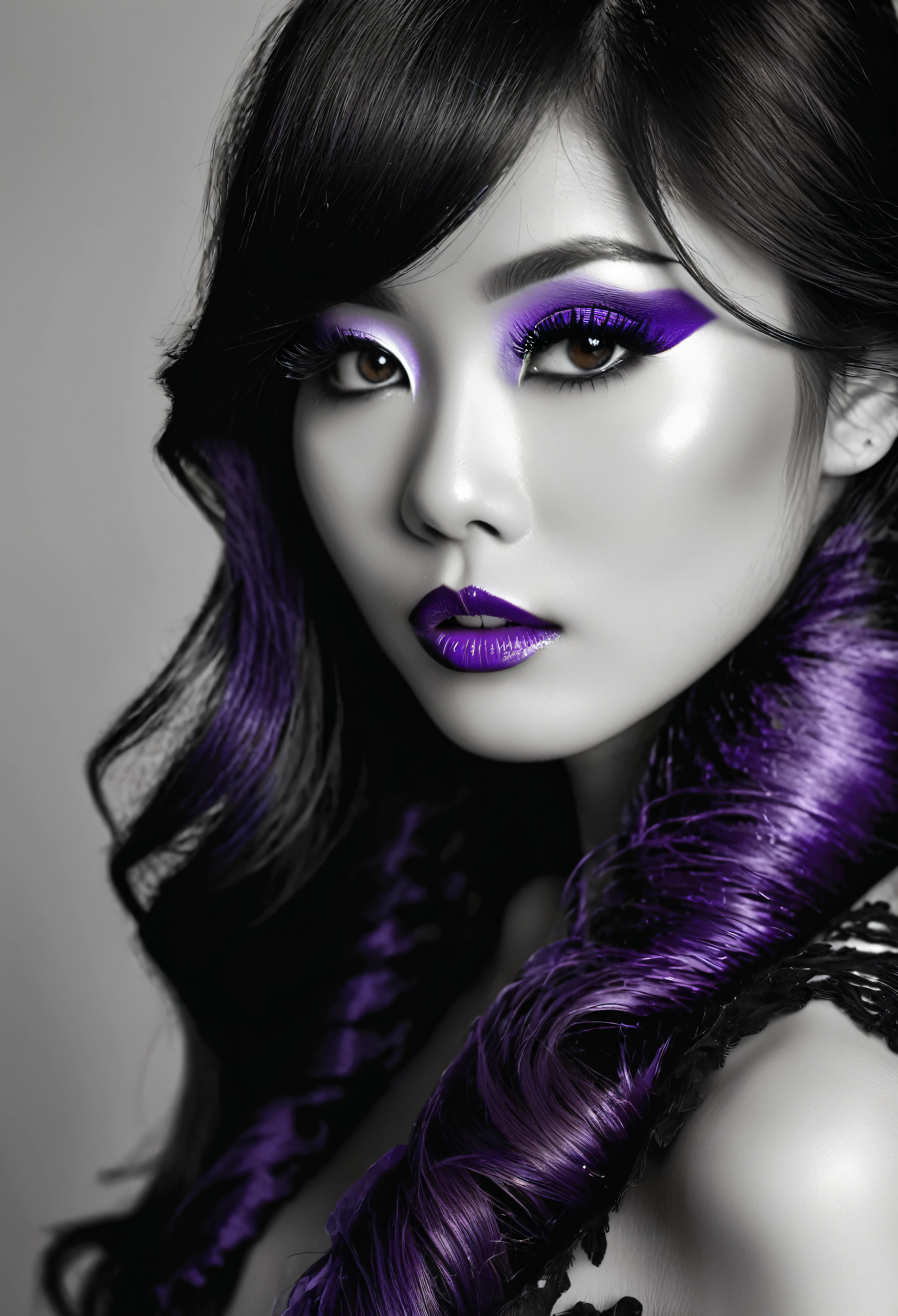 Sublime very sexy Asian woman, Detailed lips, detailed eyes, detailed eyelash, detailed face, sublime and detailed body, long cheveux violet, visage de séduction, ((violet make-up)), photo du milieu du corps, ((porter un costume)),(( Une cravate violette, photo noir et blanc et violet, only black and white and purple photo)), (((photo noir et blanc et violet : 2.0, only black and white and purple photo :2.0, purple only on iris and make-up and hair, b/w, b&w))) 