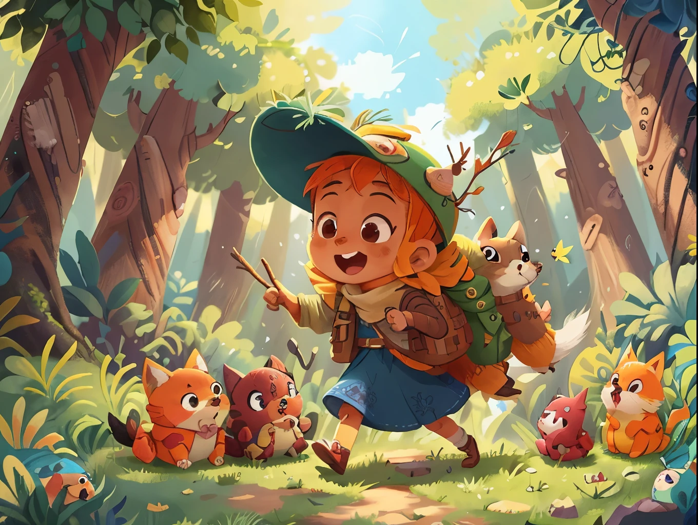 Open forest, (masterpiece art design, 1 adventurous a muslim girl with hijab and ransel, happy excitement, fearless looking at a happy enchanted a little fox(detailed enhanced animation), hat, adventure outfit. animal (detailed masterpiece), forest, birds (realistic) , sunlight, clouds, open field. +4 images (detailed various poses) animals (animals), a bright blue sky and lake