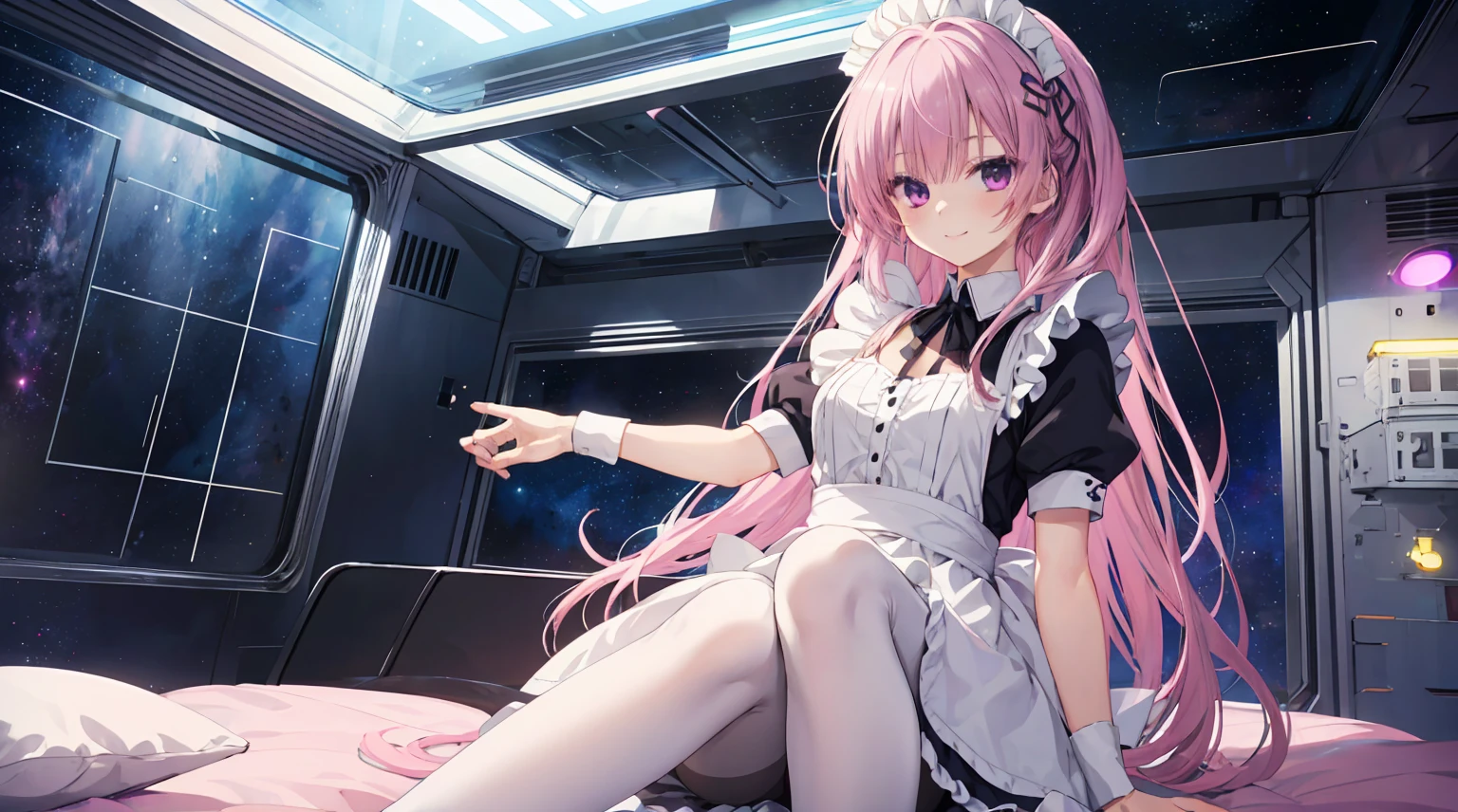 A girl,solo,Pink long hair,happy,Smile,Medium long hair,Dissemination,Maid costume, White pantyhose,Inside the spacecraft,on the bed,Glass Windows,Space background, Anime style 4k,mitsukasa ayase、Character-centered