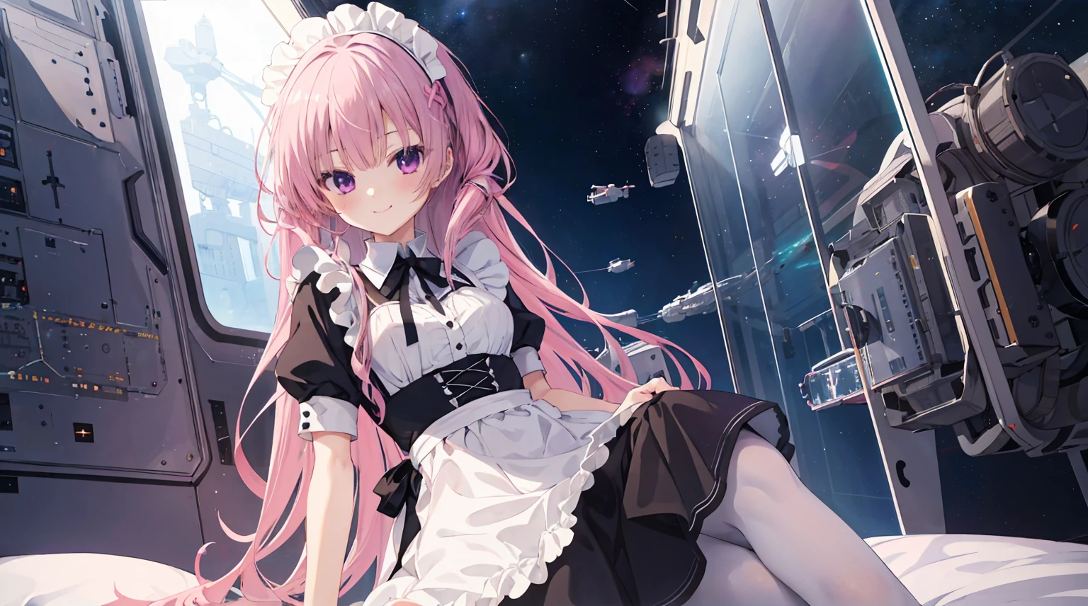 A girl,solo,Pink long hair,happy,Smile,Medium long hair,Dissemination,Maid costume, White pantyhose,Inside the spacecraft,on the bed,Glass Windows,Space background, Anime style 4k,mitsukasa ayase、Character-centered