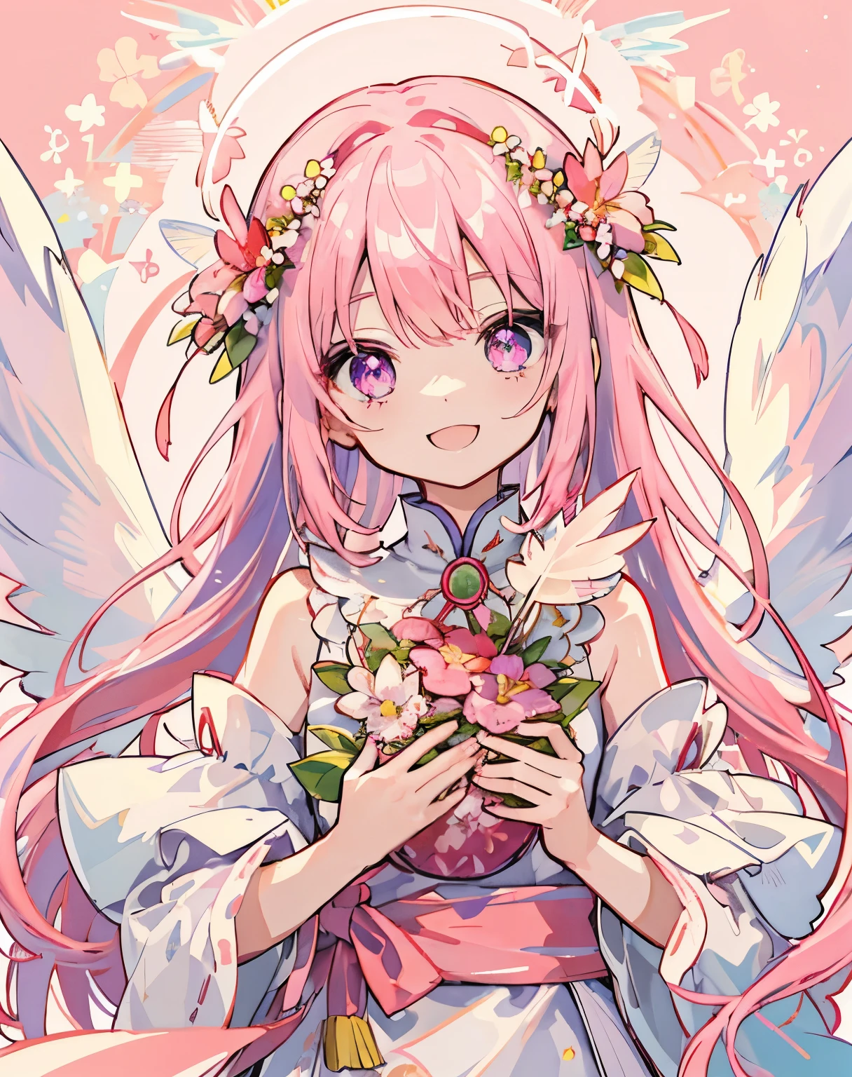 Flower Spirit、Translucent wings、Fairy Wings、Feather with floral pattern、Pink corolla,small flower crown、Holding a bunch of red and pink flowers、可愛いsmile、White Hair、Purple eyes、Pale pink background、Sparkling、Particles of light、smile、Jewel Eyes、Depth of written boundary、High quality、Cute composition、Many flowers are scattered、Small feather headdress