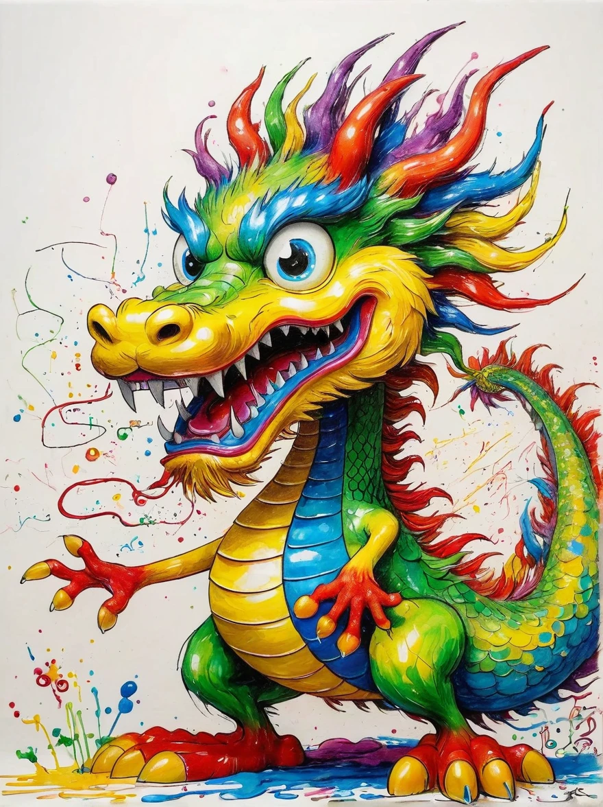 Drawing by Takashi Murakami and Peter 5 year olds scribble drawing of Chinese dragon,messy, crayons on white construction paper, not good, full body drawiing, unfinished, 8K, octane render