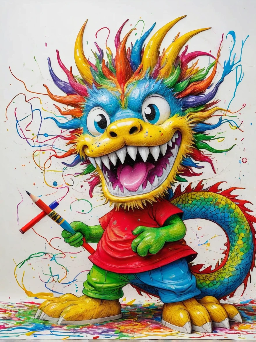 Drawing by Takashi Murakami and Peter 5 year olds scribble drawing of Chinese dragon,messy, crayons on white construction paper, not good, full body drawiing, unfinished, 8K, octane render