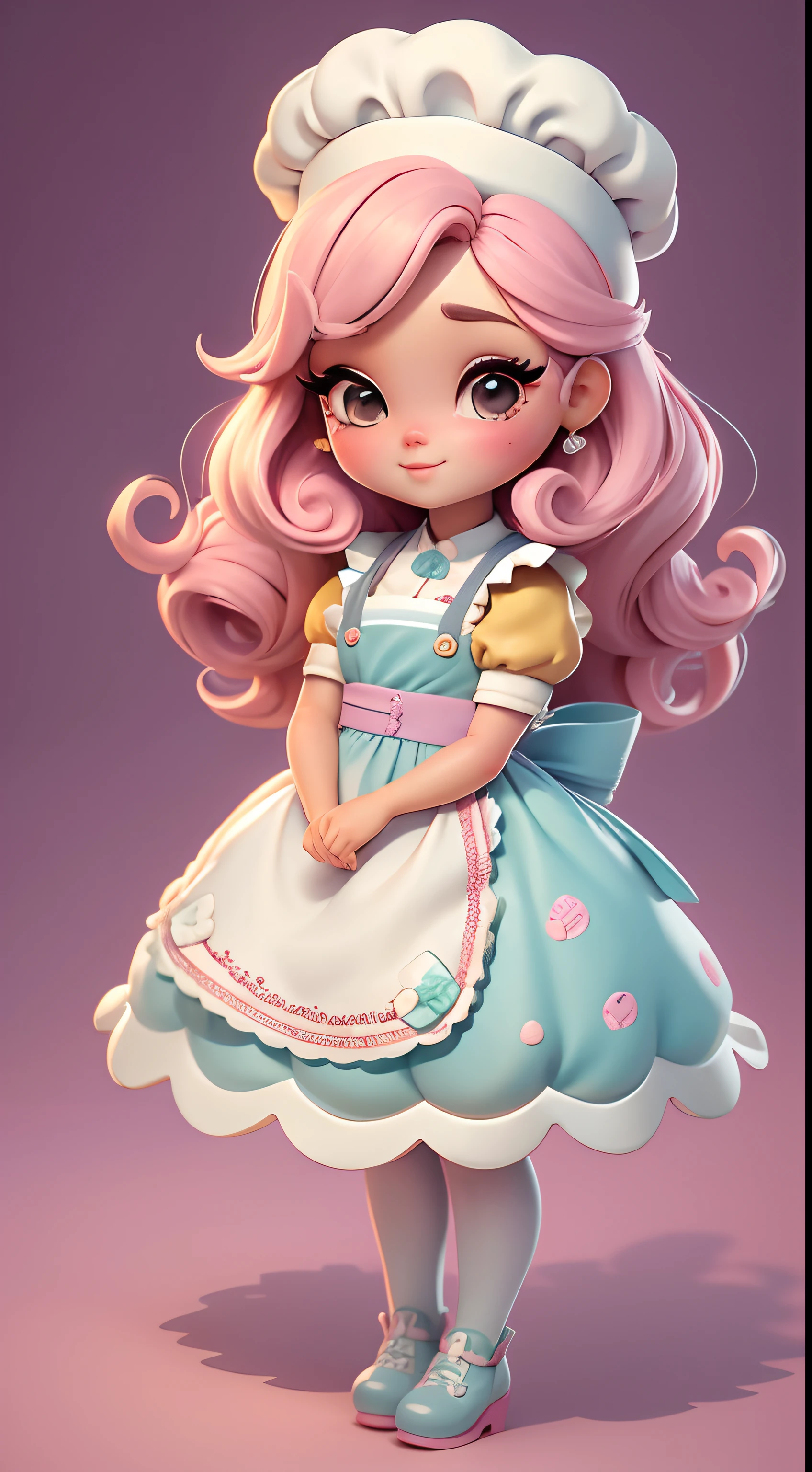 Create a chibi-style doll outfit with a cute pastry chef theme., Each piece has a lot of detail and 8K resolution... All dolls must follow the same stable and complete background pattern in the picture., programa (cuerpo entero, incluyendo piernas: 1.5)
sweet doll: Chame-a de Bella.. Debe tener tiempo de sobra, Cabello rizado en tonos pastel., Dibuja dos coletas. Tus ojos deben ser grandes y brillantes.., She has long eyelashes and rosy cheeks... Bella should dress in a pastry dress., Con un delantal con estampado de magdalenas y una falda larga.. He had to wear a chef's hat and have a bag of candy in his hand., mientras que en el otro, Sostiene un plato de magdalenas decorativas.. No olvides los detalles de los cupcakes., With colorful toppings and charming decor., Bonitos zapatos. No olvides agregar sombras.., Textura y detalle en el cabello., Ropa, Each doll's baking equipment and candy, To make them cutest and more charming...