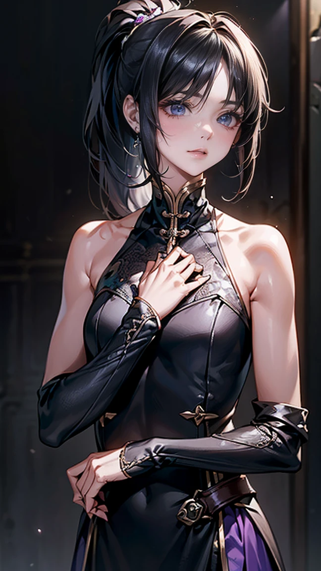 highest quality、masterpiece、8k、Realistic、超High resolution、Very delicate and beautiful、High resolution、Cinema Lighting、medium range shooting、Portraiture、Perfect female body、(Mid-chest:1.3)、Opposition、Looking at the audience、((length, Shiny black hair、ponytail:1.6、Deep purple eyes))、Intelligent and mysterious、Demonstrate calm observation、(Egg-shaped features、Thin lips、long, Characteristic small eyes)、Slender physique:1.6、Lightweight and quick to move、((Black and purple light combat uniform.:1.6、Designed for covert operations))。(Shoulder and waist holsters for throwing knives、A small silver charm bracelet on her left wrist)、Unobtrusive but magically protective、Basically, He has a blank or calm expression.、When the mission is successful, When he々Smile with satisfaction.、Walk quietly and calmly、Moves as smoothly as a shadow。