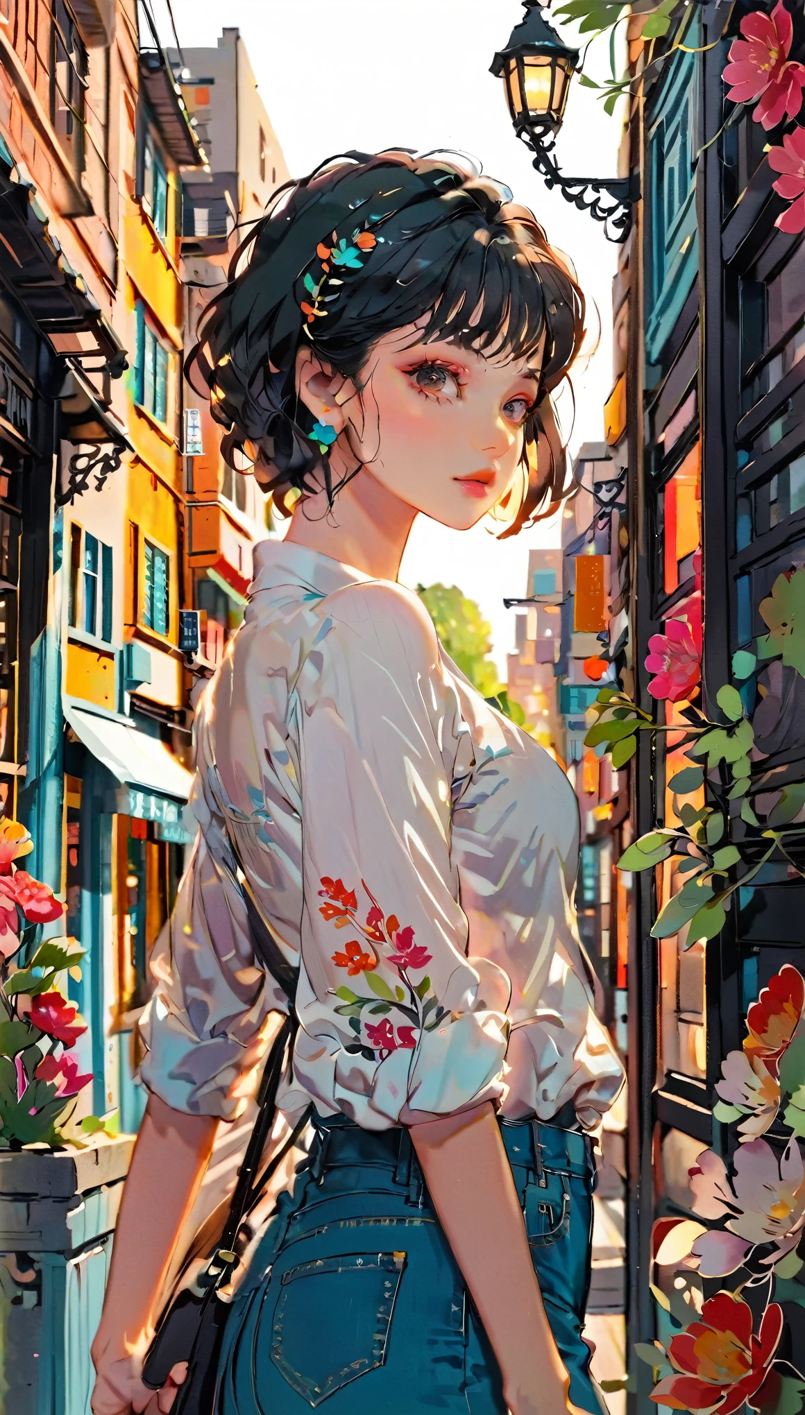 (((paper cutting style))), 1 girl, short black hair, shirts and denim, portfolio, walking through a vibrant cityscape