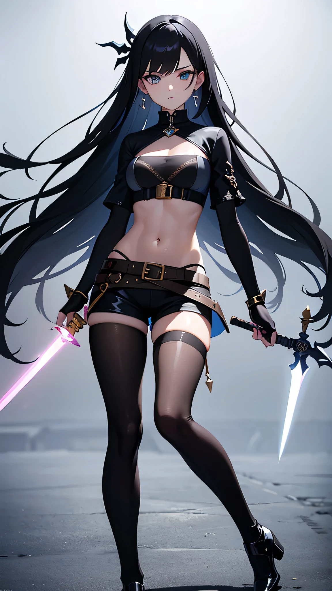 masterpiece，Best quality，Ultra-high resolution，Super rich detail，High-quality characters，High contrast，Exquisite facial features，4k，8k，Detailed light and shadow，Cool light source，Full body picture，Cool handsome type，Cool killer style，Fluttered，Gradient hair，Charming medium-length hair，Hair accessories，Spliced short sleeves，Show your belly button，Patchwork shorts，belt，Waist short knife，Black and white pantyhose，A short sword and dagger hung on the leg，Exquisite jewelry，One hand on waist or lift skirt，Decoration，Transparent silk，Long glove，Bodycon silk bodysuit，Soaked whole body，earring，Handmade，Background of dimly lit alley，Glowing glass fragments，Bottom view，Half side，