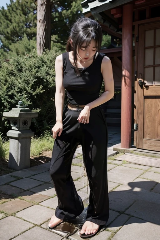 Japanese Girl wear a short-sleeved t-shirt sees the ghost and pees her black palazzo pants until her pants are wet in fright.