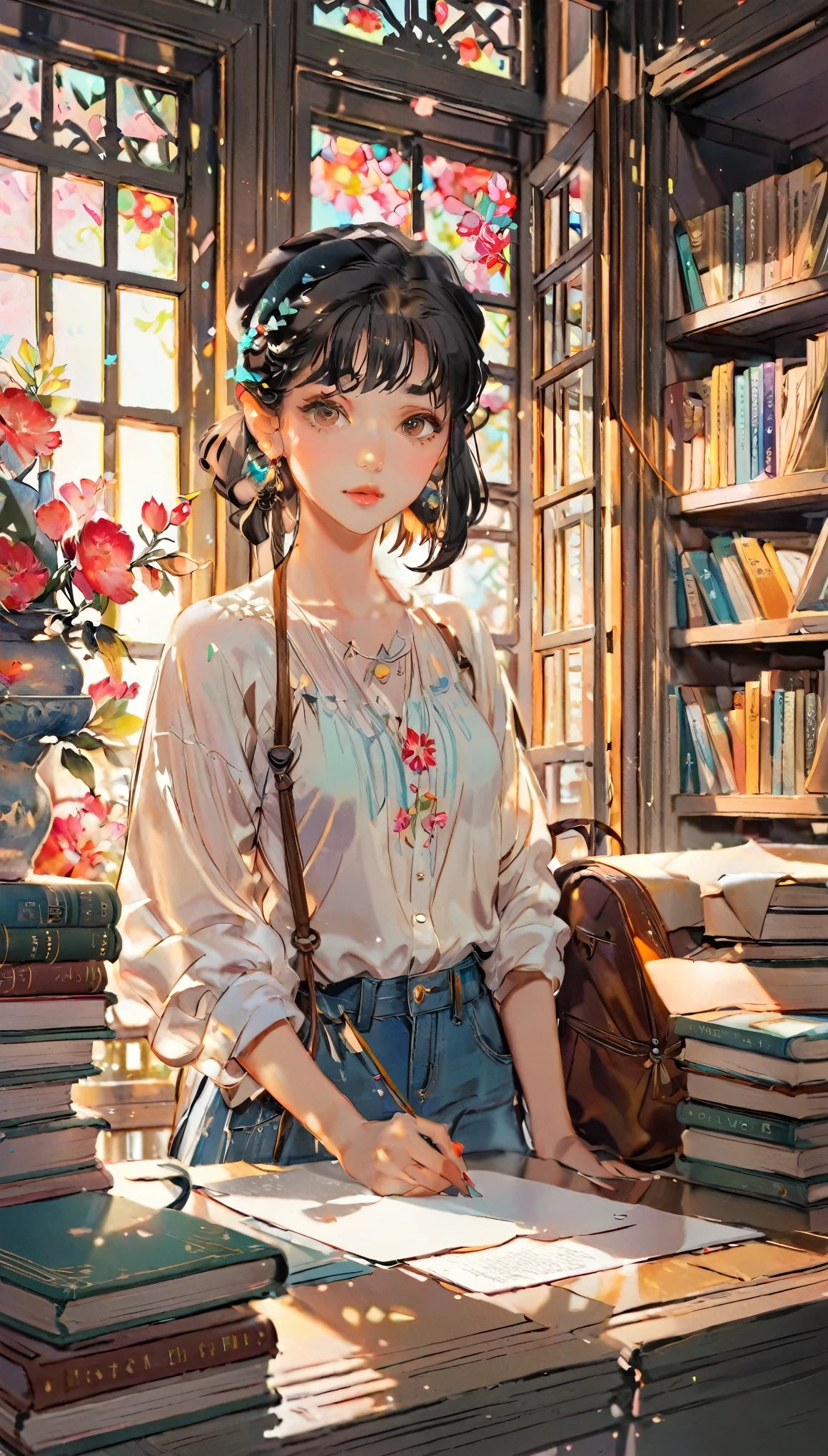 (((paper cutting style))), 1 girl, short black medium hair, cap, shirts and denim, portfolio, in a cozy library surrounded by books