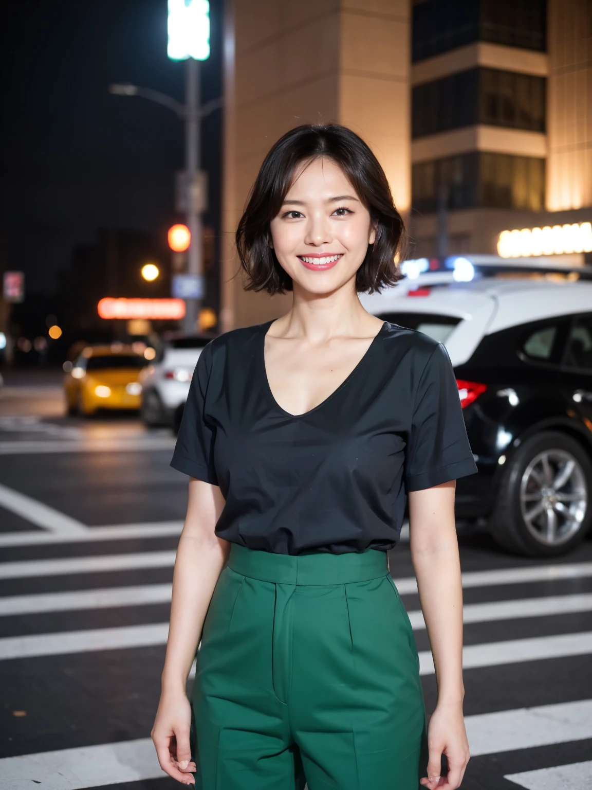 最high quality, In 8K, Masseter region, Vibrant, Sharp focus, high quality, High resolution, Detailed face, fine grain, Red lips, (Observe the audience), alone, Beautiful woman, 38 years old, (Very short black hair:1.3)、(Bob Hair)、(Standard body type)、(D cup breasts)、 Cleavage, , Bright afternoon、(Full body photo)、(Japan、Tokyo、Square in front of Tokyo Station:1.5),(Standing in the square:1.5)、(Bright green short sleeve dress:1.6)、(Aston Martin F1 Team Green:1.5),(Bright green knee-length skirt:1.6)、pantyhose、(Black pumps:1.5)、(Smiling with teeth showing:1.6)、