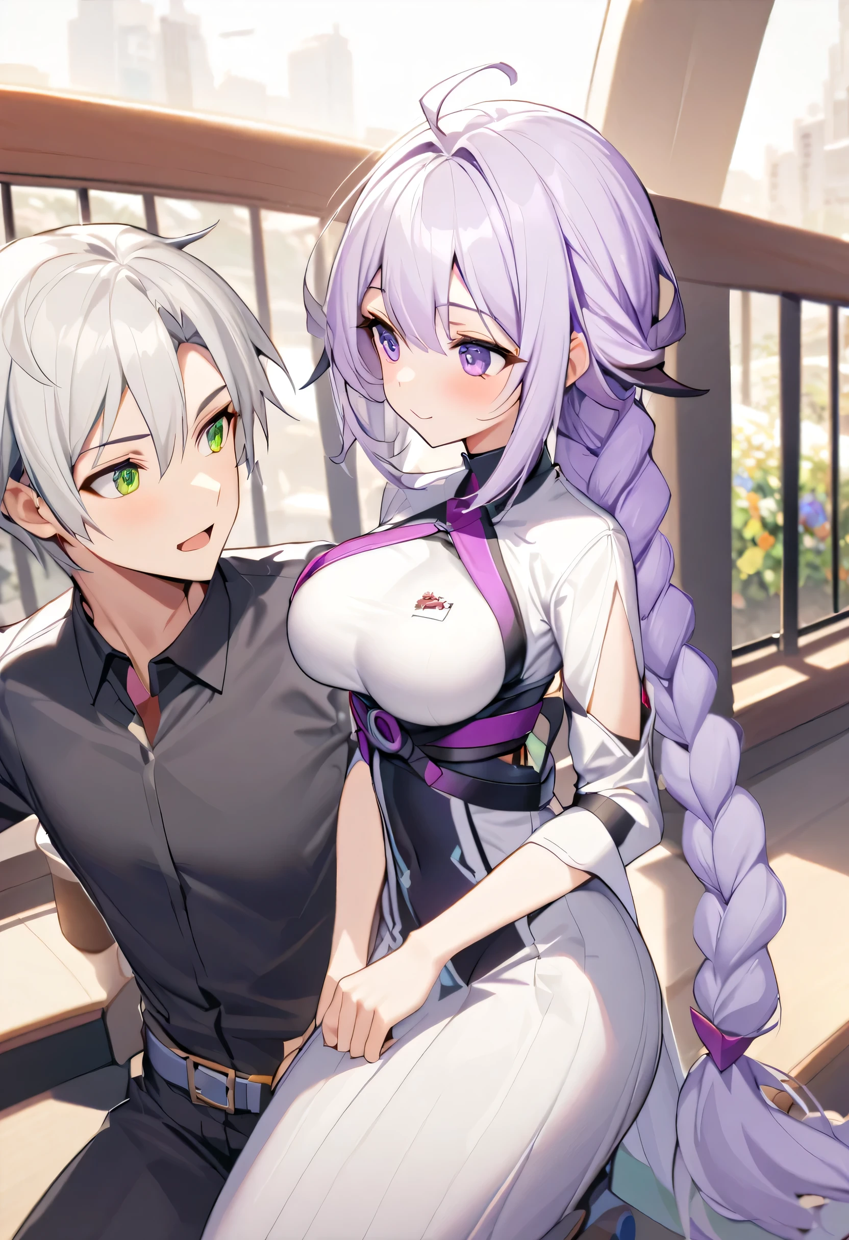 yinji,1 Girl,Solitary,purple_hair,purple_Eye,Very_long_hair,grey_hair,Braided_Ponytail,Large target_breast,slope_hair,Proposal,1 Boy,White_hair,green_Eye,Proposal_posture