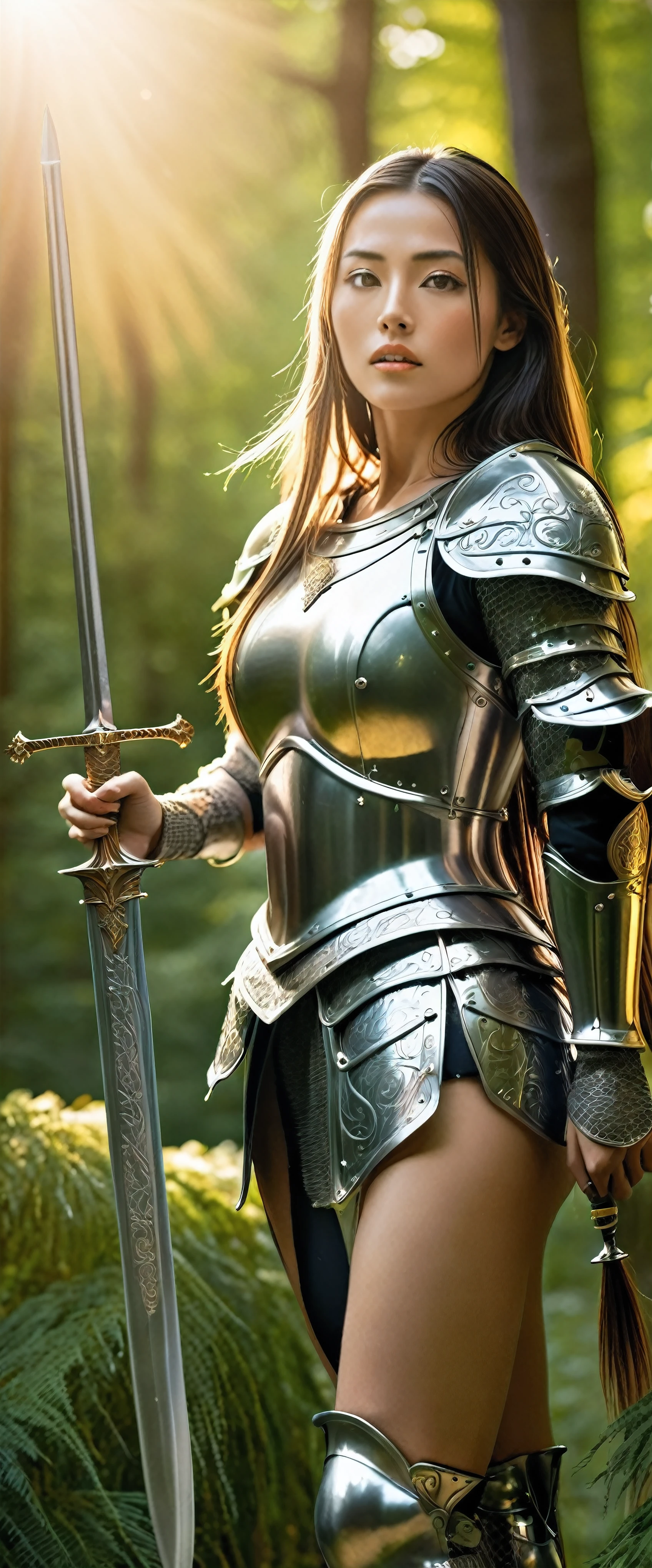 NSFW, "A stunningly beautiful and divine female knight from medieval Europe, wearing ornate and shining armor with intricate details, holding a gleaming sword. She stands in a lush, vibrant forest with a castle visible in the distance. The scene is rich in vivid colors, with sunlight filtering through the trees, casting a golden glow. The knight has long flowing hair and a confident, serene expression.", (Extremely revealing armor: 1.4), exposed bare skin, beautiful skin