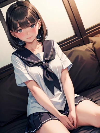 (((masterpiece))), (非常にHigh resolution), (alone:1.3), Sharp focus,detailed, High resolution,Anatomically correct, Attractive face、Black Hair、Bob Hair、Mole under the eye、(Yasushi Kasagi々々:1.3)、(Embarrassing:1.4)、(blush:1.5)、Sitting on the bed、high school girl、(Sailor suit)、Big Breasts、Cleavage、mini skirt、Panty shot、Upper body close-up、between legs、((night))、(((Dark Room)))、Put your hands in your panties