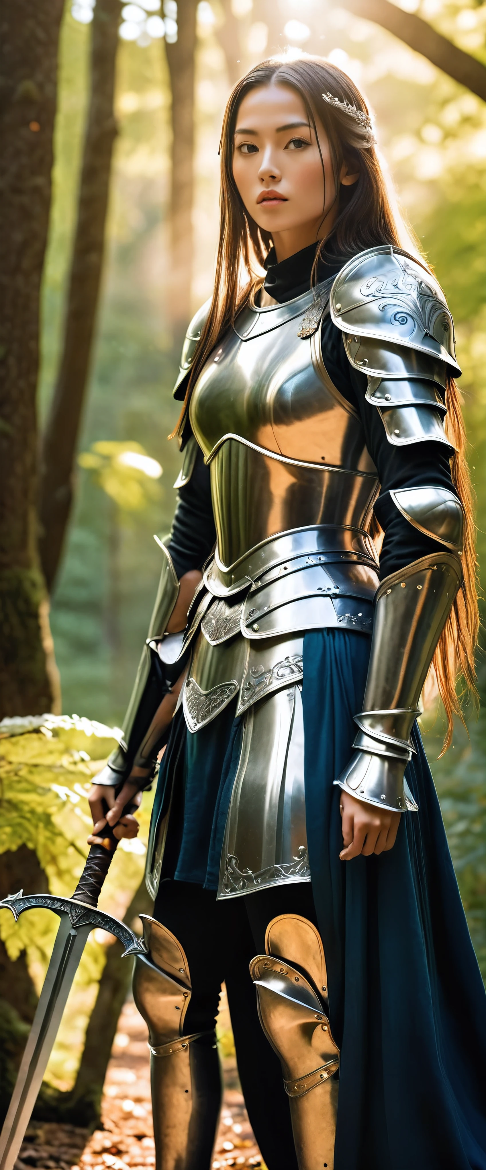 NSFW, "A stunningly beautiful and divine female knight from medieval Europe, wearing ornate and shining armor with intricate details, holding a gleaming sword. She stands in a lush, vibrant forest with a castle visible in the distance. The scene is rich in vivid colors, with sunlight filtering through the trees, casting a golden glow. The knight has long flowing hair and a confident, serene expression.", (Extremely revealing armor: 1.4), exposed bare skin, beautiful skin