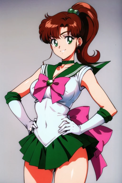 masterpiece, best quality, High resolution, Jupiter, (((Large Breasts、Breast sagging、Low-cut,Cleavage ,Wide hips,)))((Long legs)),Hourglass figure)))Green Eyes, Ponytail, Headdress, Jewelry, Sailor Suit, green sailor collar, Necklace, Elbow gloves, White gloves, Pink bow, brooch, Tights, Green skirt, Cowboy shooting, Smile, 1990s \(style\), Hands on Hips,