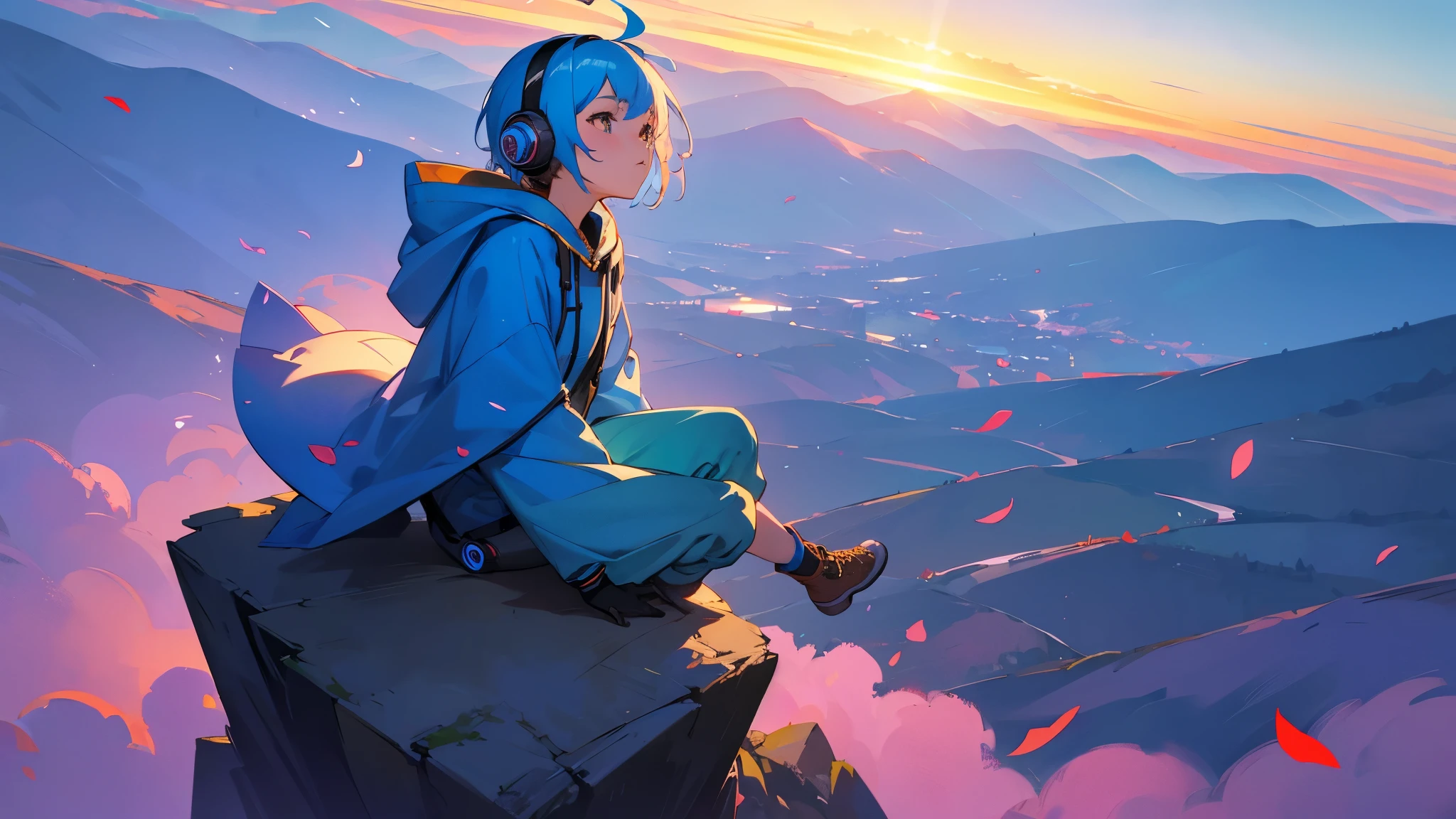 there is a blue haired girl sitting on the edge, look up at the sky, inspired by Peter Benjamin Graham, a wanderer on a mountain, girl wearing headphones, wearing a hoodie with a large hood, colorful petals dance around her, beautiful sunset