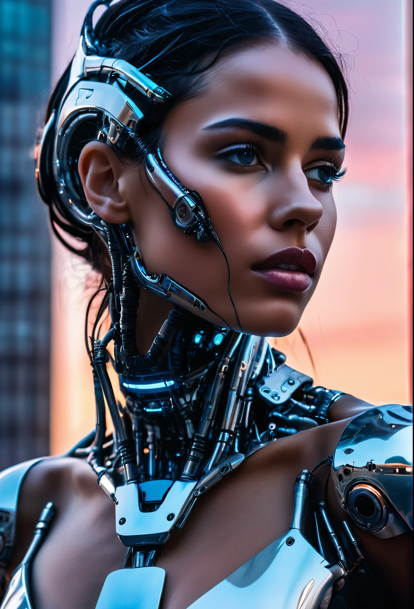 black hair, Surrealism, 8k, masterpiece, masterpiece, ccurate, award winning, UHD, On the rooftop of a skyscraper, a male cyborg and a female cyborg engage in a sexual relationship. They are both depicted in stunning detail, with intricate details highlighting their magnificent anatomies. The scene is captured in the highest quality, showcasing the absurd resolution of 8K. The artwork is a masterpiece, featuring beautiful and slim bodies that are expertly crafted. The intense focus on intricate details enhances the hyper-detailing of the cyborgs' features, making them appear even more realistic. The lighting is soft and natural, casting a gentle glow that accentuates their natural skin textures. The overall composition of the artwork is carefully cropped to showcase the enticing 1/2 body of the cyborgs. The HDR technology further enhances the visual impact of the image, resulting in a truly breathtaking piece.