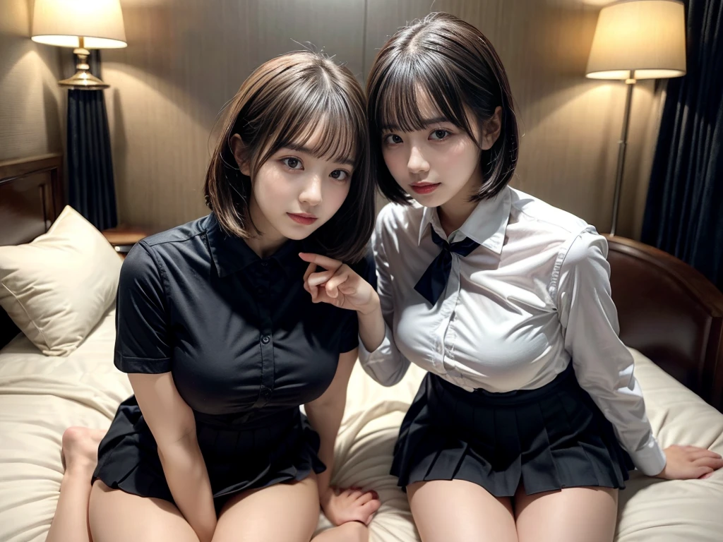 masterpiece, best quality, illustration, Super detailed, fine details, High resolution, 8K,wall paper, perfect dynamic composition,(Details High quality, realistic depiction of eyes:1.3), ((2 girls)),(collared shirt:1.1), pleated skirt, short bob hair、black hair color, Big Natural Color Lip, Play with each other,Touching each other's bodies,Touching the body of the girl next door,bold sexy pose, crying a little, 20 year old girl、beautiful legs, hotel room, gravure idol, the roundness and softness of your chest