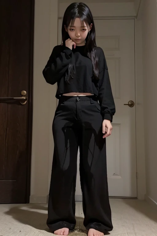 Japanese Girl sees the ghost and pees her black palazzo pants until her pants are wet in fright.