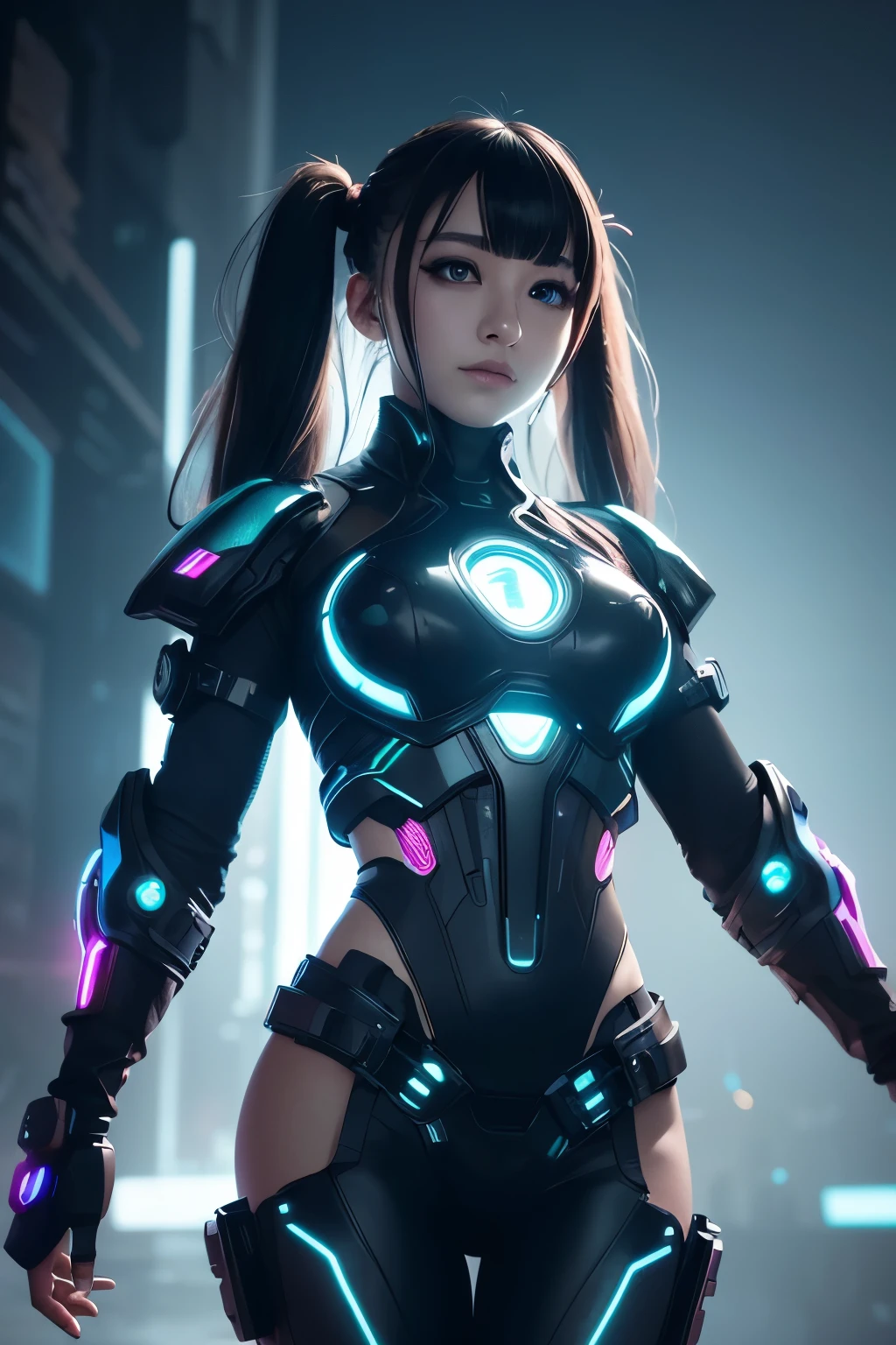 cyberpunk cyborg female, twin tails, glowing energy panels, highly detailed, intricate mechanical design, futuristic armor, neon lights, dynamic pose, epic cinematic lighting, volumetric fog, photorealistic, 8k, hyperdetailed