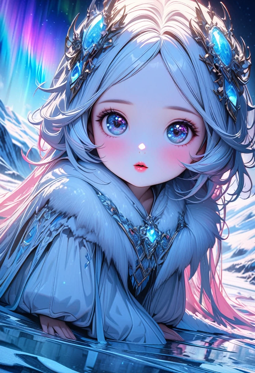 cute penguin girl, beautiful detailed eyes, beautiful detailed lips, extremely detailed face, long eyelashes, sitting on ice, looking up at aurora, pink and white fur, cute hair ornament, fantastical, ethereal, dramatic lighting, glowing aurora, icy landscape, highly detailed, 8k,  masterpiece