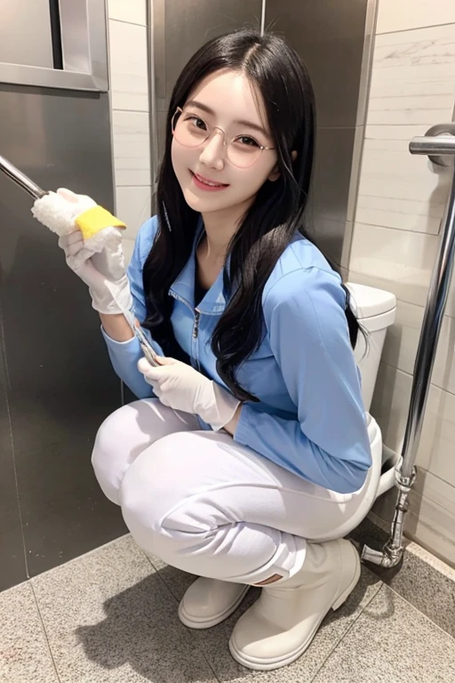 1 korean beautiful girl, 24 years old girl, girl with black hair and glasses wearing a blue long-sleeved jumpsuit, pink long rubber gloves and white rubber boots, cleaning a toilet with a gentle smile,