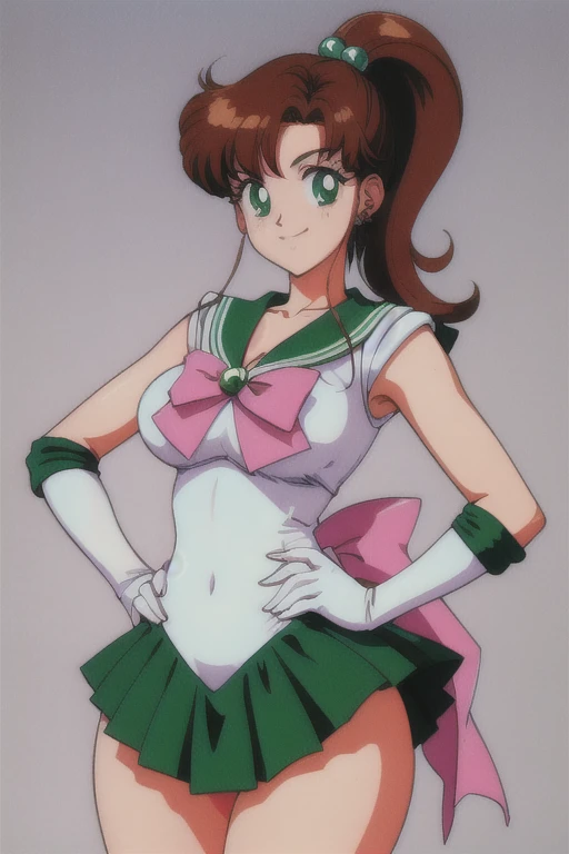 masterpiece, best quality, High resolution, Jupiter,  (((Large Breasts、Breast sagging、Low-cut，Cleavage ，Wide hips,)))((Long legs)),Hourglass figure)))Green Eyes, Ponytail, Headdress, Jewelry, Sailor Suit, green sailor collar, Necklace, Elbow gloves, White gloves, Pink bow, brooch, Tights, Green skirt, Cowboy shooting, Smile, 1990s \(style\), Hands on Hips,