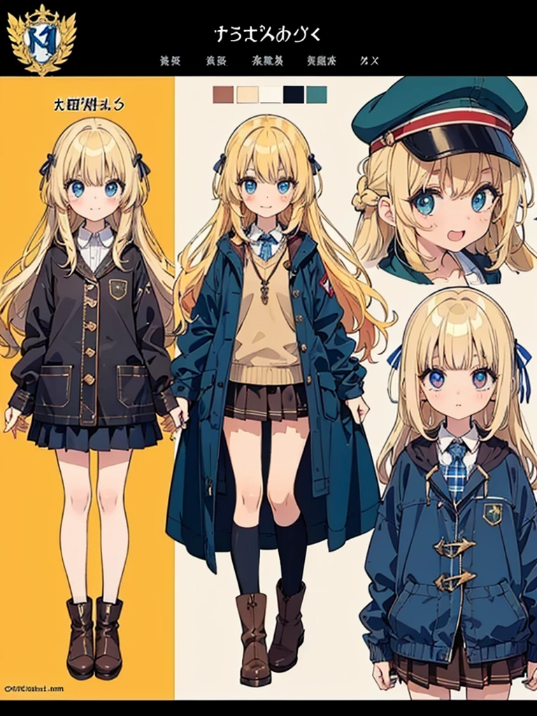 Anime, (masterpiece, top quality:1.4), Not Safe for Work, detailed skin, detailed face, 1girl, idol, cute face, , 14-yo,
blue eyes, droopy eyes, big eyes:1.5, laughing, red blush, (blonde-yellow hair), long hair, (shiny wavy hair), big clock hair ornament, , cute, baby face, twinkle in the eye, small breasts, braided bangs, white ruffle shirt, brown vest, brown layered skirt, coat, ankle boots, big clock pendant,
(Design sheet:1.3), (multi-angle and detailed view:1.3),