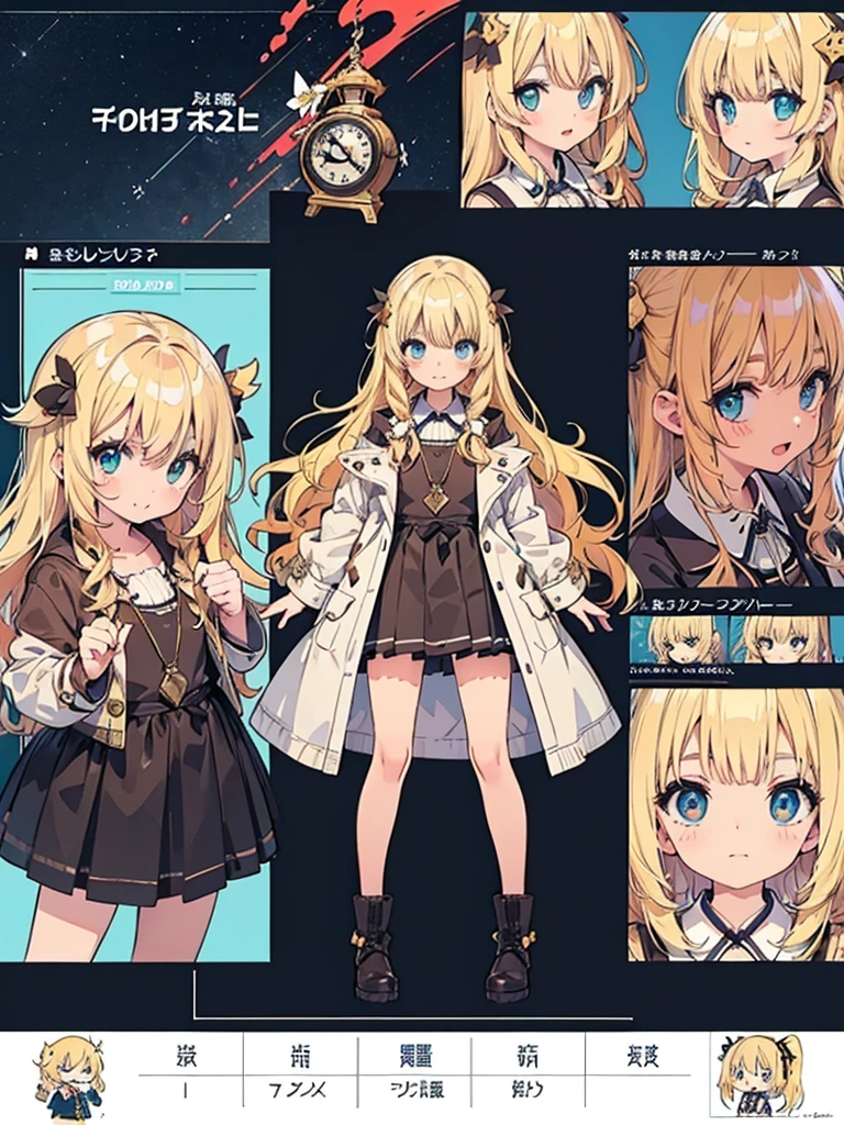 Anime, (masterpiece, top quality:1.4), Not Safe for Work, detailed skin, detailed face, 1girl, idol, cute face, , 14-yo,
blue eyes, droopy eyes, big eyes:1.5, laughing, red blush, (blonde-yellow hair), long hair, (shiny wavy hair), big clock hair ornament, , cute, baby face, twinkle in the eye, small breasts, braided bangs, white ruffle shirt, brown vest, brown layered skirt, coat, ankle boots, big clock pendant,
(Design sheet:1.3), (multi-angle and detailed view:1.3),