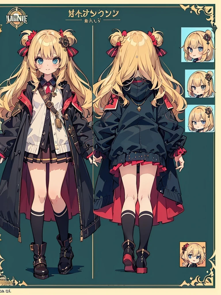 Anime, (masterpiece, top quality:1.4), Not Safe for Work, detailed skin, detailed face, 1girl, idol, cute face, , 14-yo,
blue eyes, droopy eyes, big eyes:1.5, laughing, red blush, (blonde-yellow hair), long hair, (shiny wavy hair), big clock hair ornament, , cute, baby face, twinkle in the eye, small breasts, braided bangs, white ruffle shirt, brown vest, brown layered skirt, coat, ankle boots, big clock pendant,
(Design sheet:1.3), (multi-angle and detailed view:1.3),
