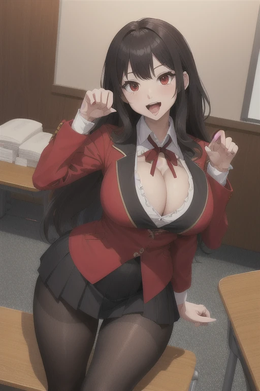 masterpiece, best quality, High resolution, hmjy1, long hair, Bangs, Red Eyes, (((Large Breasts、Breast sagging、Low-cut，(Cleavage )，Wide hips,)))((Long legs)),Hourglass figure))) , Red Jacket, Casual suits, Pantyhose, White shirt, Black Ribbon, Pleated Skirt, Cowboy shooting, classroom, lie, from above, (Name Tags:1.1), Paw pose, open mouth, Sticking out tongue,