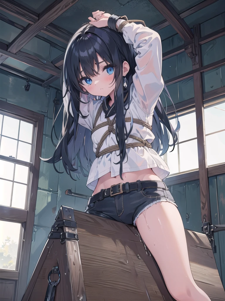 masterpiece, highest quality,One girl,Too much exposed skin,Black Hair,Long Hair,blue eyes,knight armor,I can see your pants,garter belt,blush,Surprised expression,(Lots of urine leakage),(Stains on the crotch of clothes),Put your arms behind your head,Raise the hand,bound,The body is slim,Medium chest,Sweat,Suppressed,Put your arms behind your head,Raise the hand,bound,Lock,Locked,defeat,BDSM,rope,shibari,handcuffs,bondage,indoor,Rubbing her crotch against a wooden horse,torture,Heavy breathing, masterpiece, highest quality, High resolution,