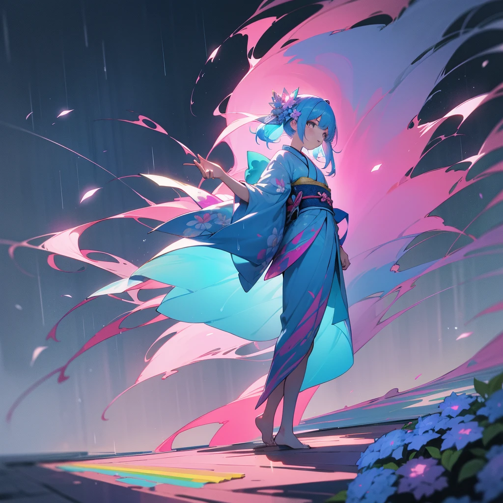In a beautiful and aesthetic landscape、1 girl standing。Her blue and pink colorful hair is、Fluttering in the breeze、Harmonize with her blue and pink colorful kimono。At the foot、Colorful hydrangea flowers々Shines wet in the rain、Beyond that is a mysterious rainbow。In this beautiful world、She is like a rainbow goddess、It was as if it was projected at the highest image quality.。