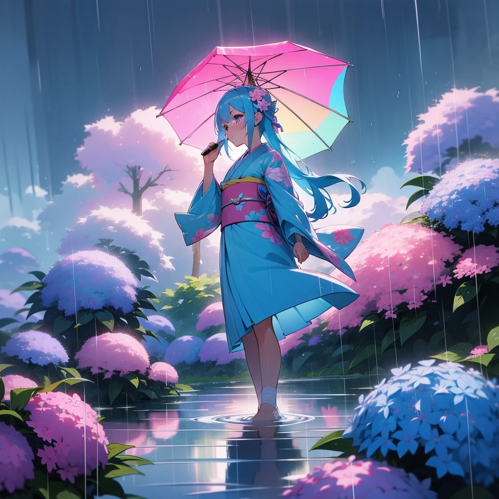 In a beautiful and aesthetic landscape、1 girl standing。Her blue and pink colorful hair is、Fluttering in the breeze、Harmonize with her blue and pink colorful kimono。At the foot、Colorful hydrangea flowers々Shines wet in the rain、Beyond that is a mysterious rainbow。In this beautiful world、She is like a rainbow goddess、It was as if it was projected at the highest image quality.。