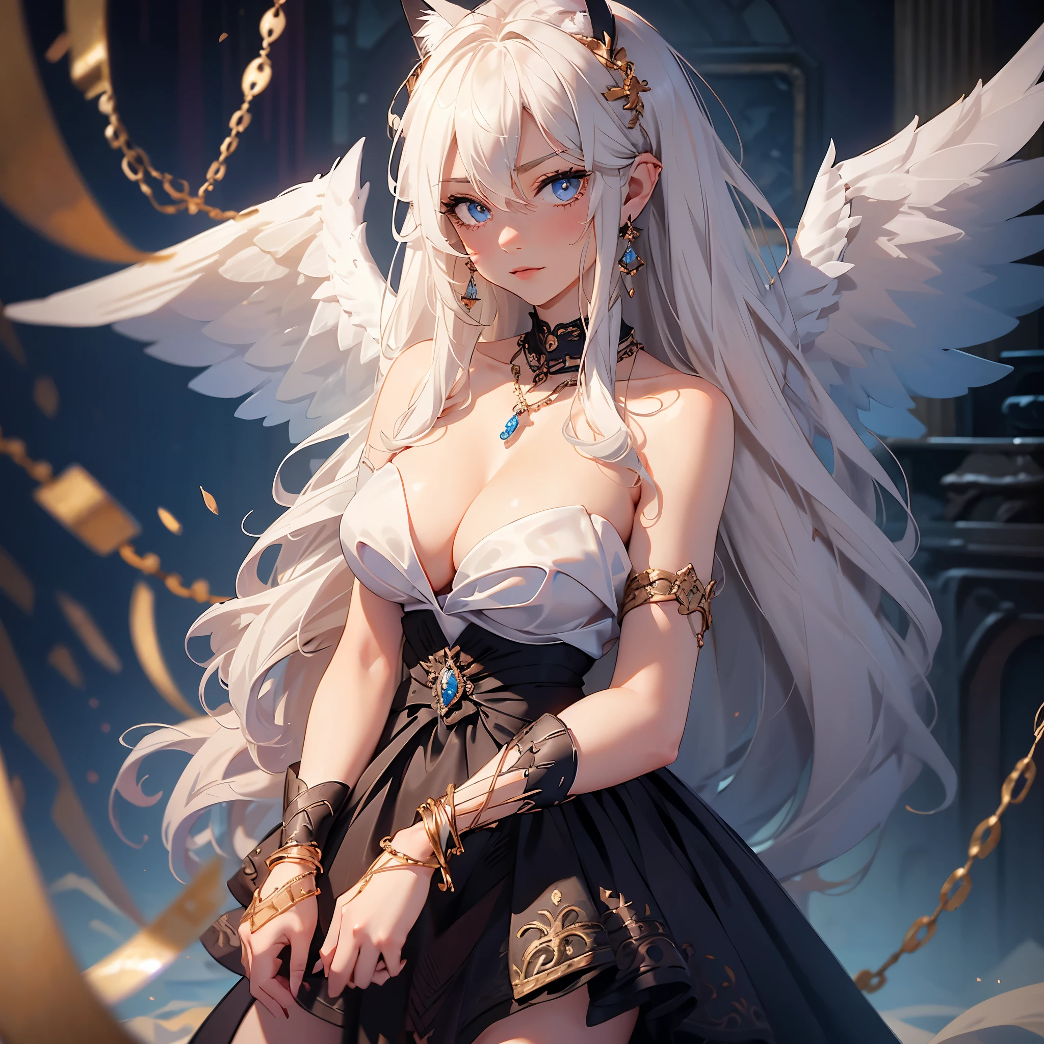 {{{official art}}}, {{solo}}, {Adult} {hair strand}, {{medium breasts}}, {cleavage}, {evening gown}, {gown}, strapless dress, {{bare shoulders}}, {{{{satin}}}}, {embroidery}, bracelet, {jewelry}, {hair ornament}, necklace, earrings, {{long hair)}}, Blue eyes,, long hair {black dress}}, red ribbon, cat ears, eye focus, looking at viewer, light smile, blush, {{gold trim}}, ornate, hotel room, cowboy shot, {{{{layered dress}}}}, v arms, 1 girl, solo, emarald, only 1 girl wings, Platinum blonde hair, cowboy shot, mullet hair style, woman. slicked back hair, sky black ground, long hair, cat ears, {{{Angel WIngs}}}, mad