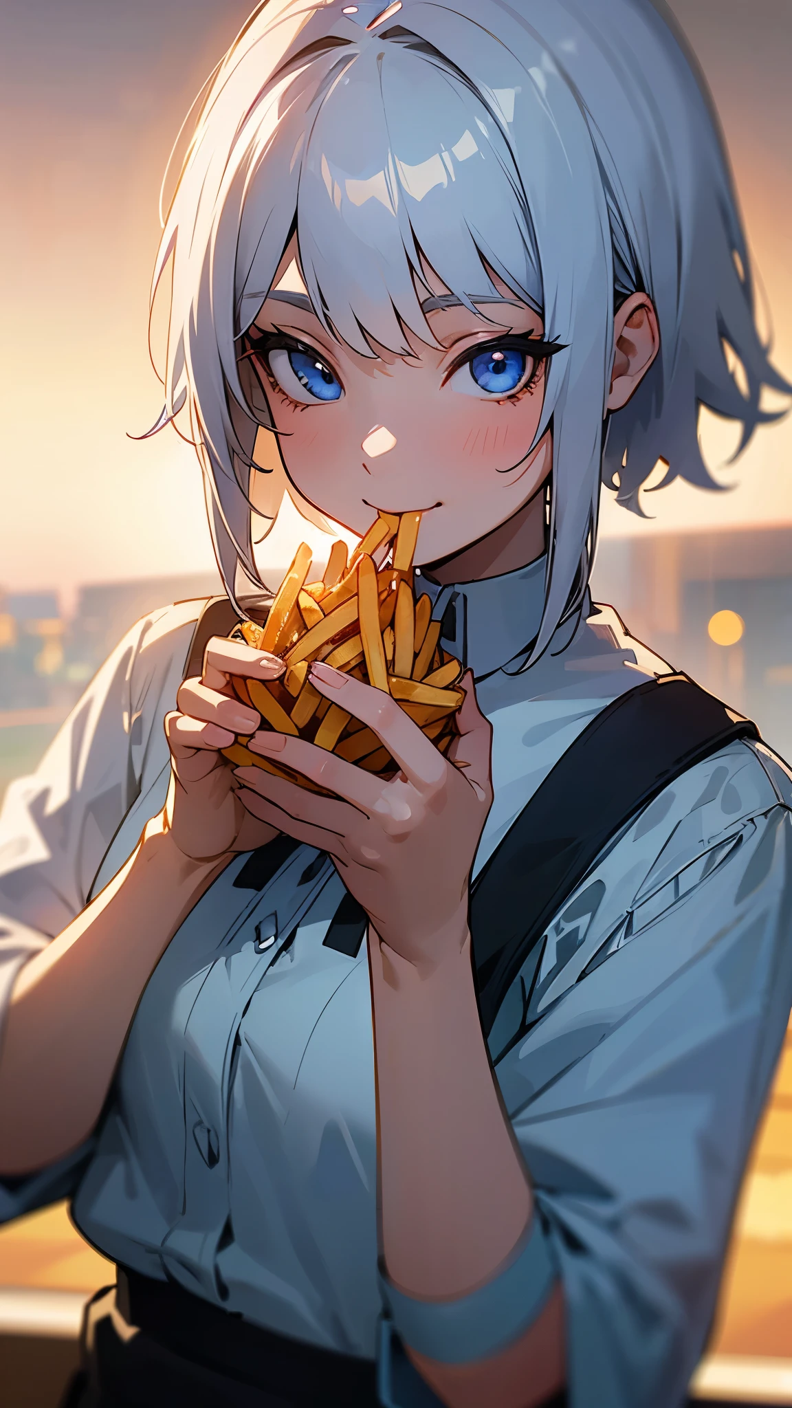 1 girl、8k、Sharp focus、(Bokeh) (highest quality) (Detailed skin:1.3) (Intricate details) (anime)、Silver Hair、short hair、Beautiful blue eyes、Upper body close-up、White shirt、Black work trousers、Cheeky Smile、Eating French Fries、Park in the background、sunset、Soft lighting.